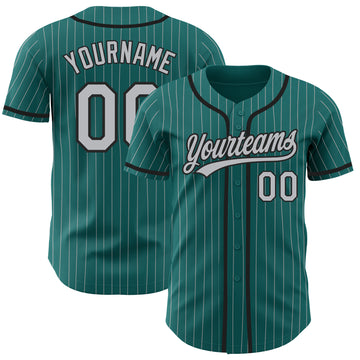 Custom Teal Gray Pinstripe Black Authentic Baseball Jersey