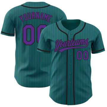 Custom Teal Purple Pinstripe Black Authentic Baseball Jersey