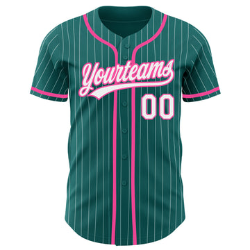 Custom Teal White Pinstripe Pink Authentic Baseball Jersey