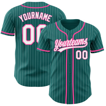 Custom Teal White Pinstripe Pink Authentic Baseball Jersey