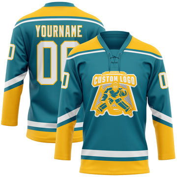 Custom Teal White-Gold Hockey Lace Neck Jersey
