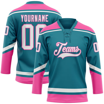 Custom Teal White-Pink Hockey Lace Neck Jersey