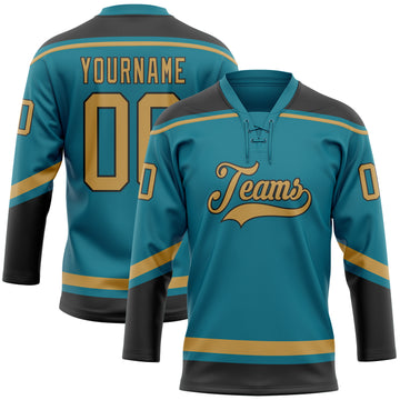 Custom Teal Old Gold-Black Hockey Lace Neck Jersey
