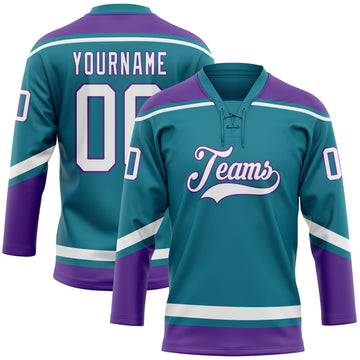 Custom Teal White-Purple Hockey Lace Neck Jersey