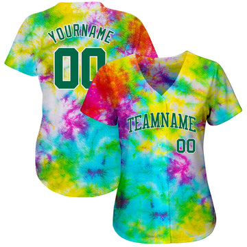 Custom Tie Dye Kelly Green-White 3D Authentic Baseball Jersey