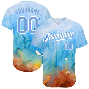 Custom Tie Dye Light Blue-White 3D Authentic Baseball Jersey