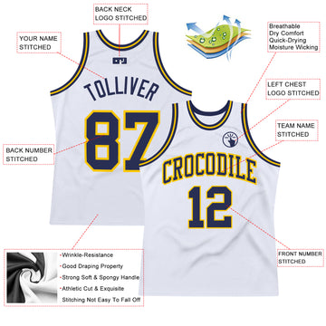 Custom White Navy-Gold Authentic Throwback Basketball Jersey