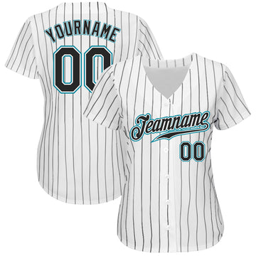 Custom White Black Pinstripe Black-Teal Authentic Baseball Jersey