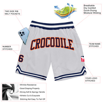 Custom White Navy-Orange Authentic Throwback Basketball Shorts