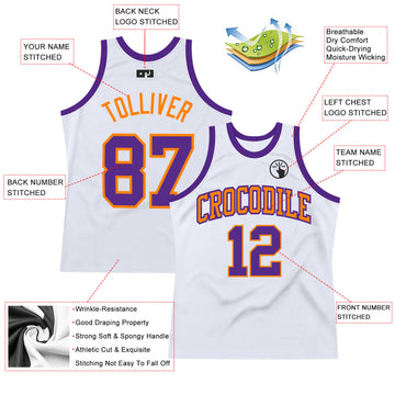 Custom White Purple-Bay Orange Authentic Throwback Basketball Jersey