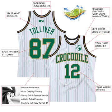 Custom White Kelly Green Pinstripe Kelly Green Old Gold-Black Authentic Basketball Jersey