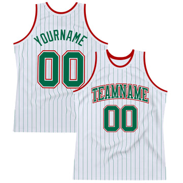 Custom White Kelly Green Pinstripe Kelly Green-Red Authentic Basketball Jersey