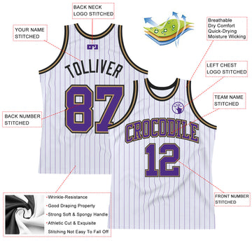 Custom White Purple Pinstripe Purple Old Gold-Black Authentic Basketball Jersey