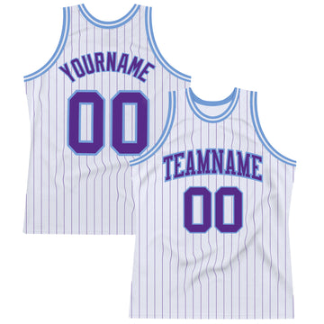 Custom White Purple Pinstripe Purple-Light Blue Authentic Basketball Jersey