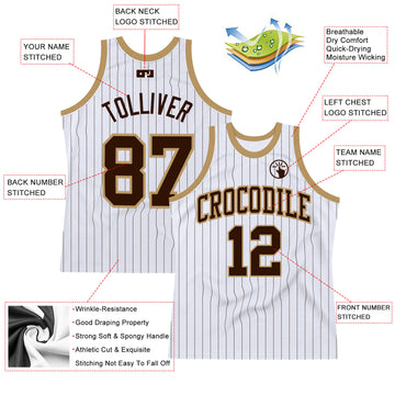 Custom White Brown Pinstripe Brown-Old Gold Authentic Basketball Jersey
