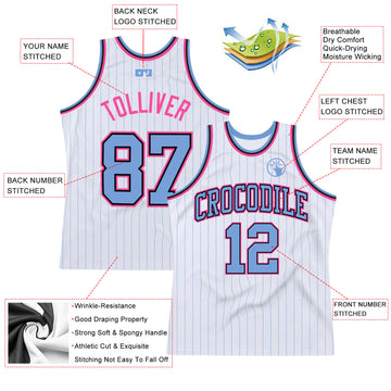 Custom White Light Blue Pinstripe Light Blue Black-Pink Authentic Basketball Jersey