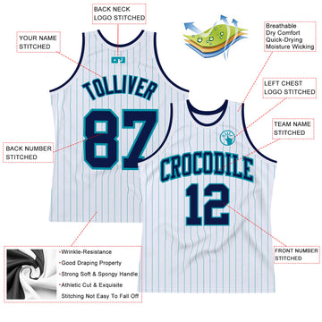 Custom White Teal Pinstripe Navy Authentic Basketball Jersey