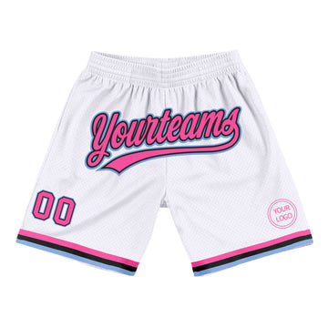 Custom White Pink Black-Light Blue Authentic Throwback Basketball Shorts