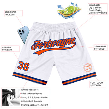 Custom White Orange-Royal Authentic Throwback Basketball Shorts