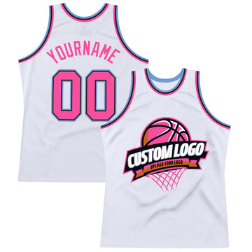 Custom White Pink-Light Blue Music Festival Round Neck Sublimation  Basketball Suit Jersey Discount