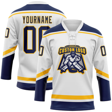 Custom White Navy-Gold Hockey Lace Neck Jersey