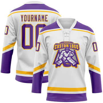 Custom White Purple-Gold Hockey Lace Neck Jersey