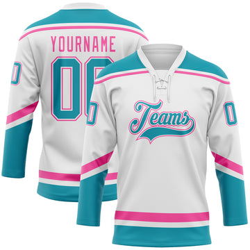 Custom White Teal-Pink Hockey Lace Neck Jersey