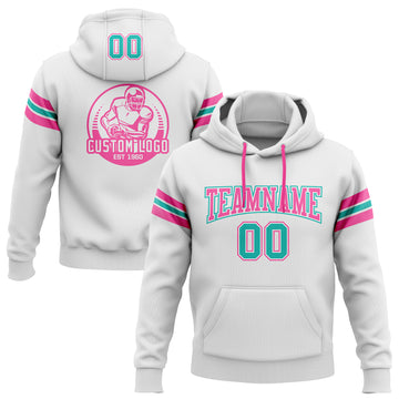 Custom Stitched White Aqua-Pink Football Pullover Sweatshirt Hoodie