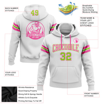 Custom Stitched White Neon Green-Pink Football Pullover Sweatshirt Hoodie