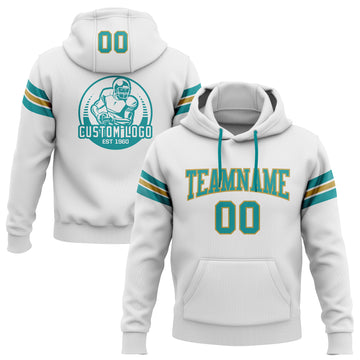 Custom Stitched White Teal-Old Gold Football Pullover Sweatshirt Hoodie