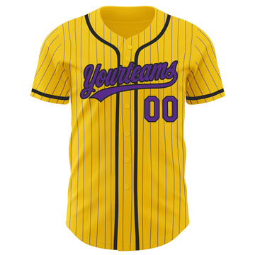 Custom Yellow Purple Pinstripe Black Authentic Baseball Jersey