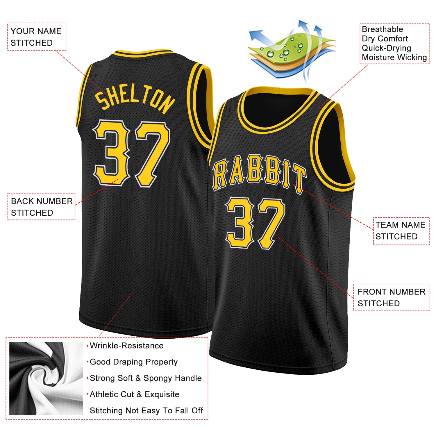 Custom Team White Basketball Black Rib-Knit Jersey Gold