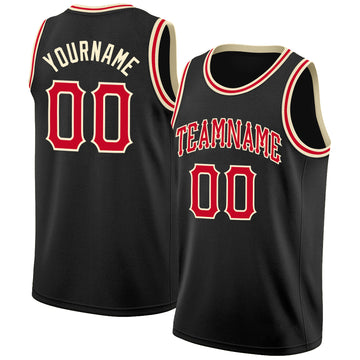 Custom Black Red-Cream Round Neck Rib-Knit Basketball Jersey