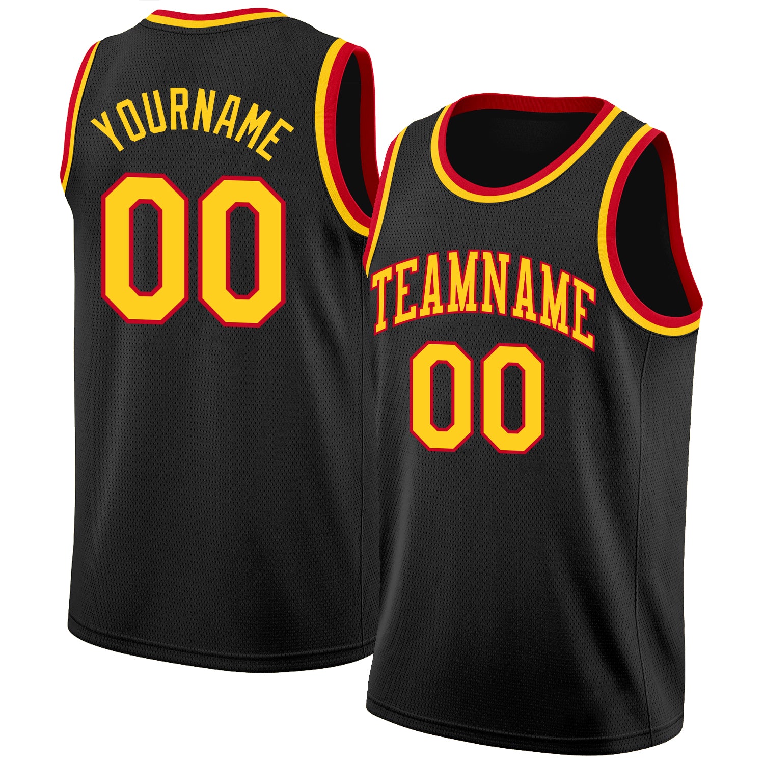 Custom Team Red Basketball Black Rib-Knit Jersey Gold