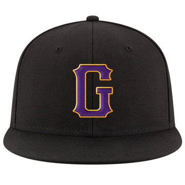 Custom Black Purple-Gold Stitched Adjustable Snapback Hat