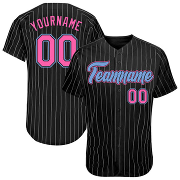 Custom Black White Pinstripe Pink-Light Blue Authentic Baseball Jersey