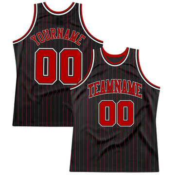 Custom Black Red Pinstripe Red-White Authentic Throwback Basketball Jersey