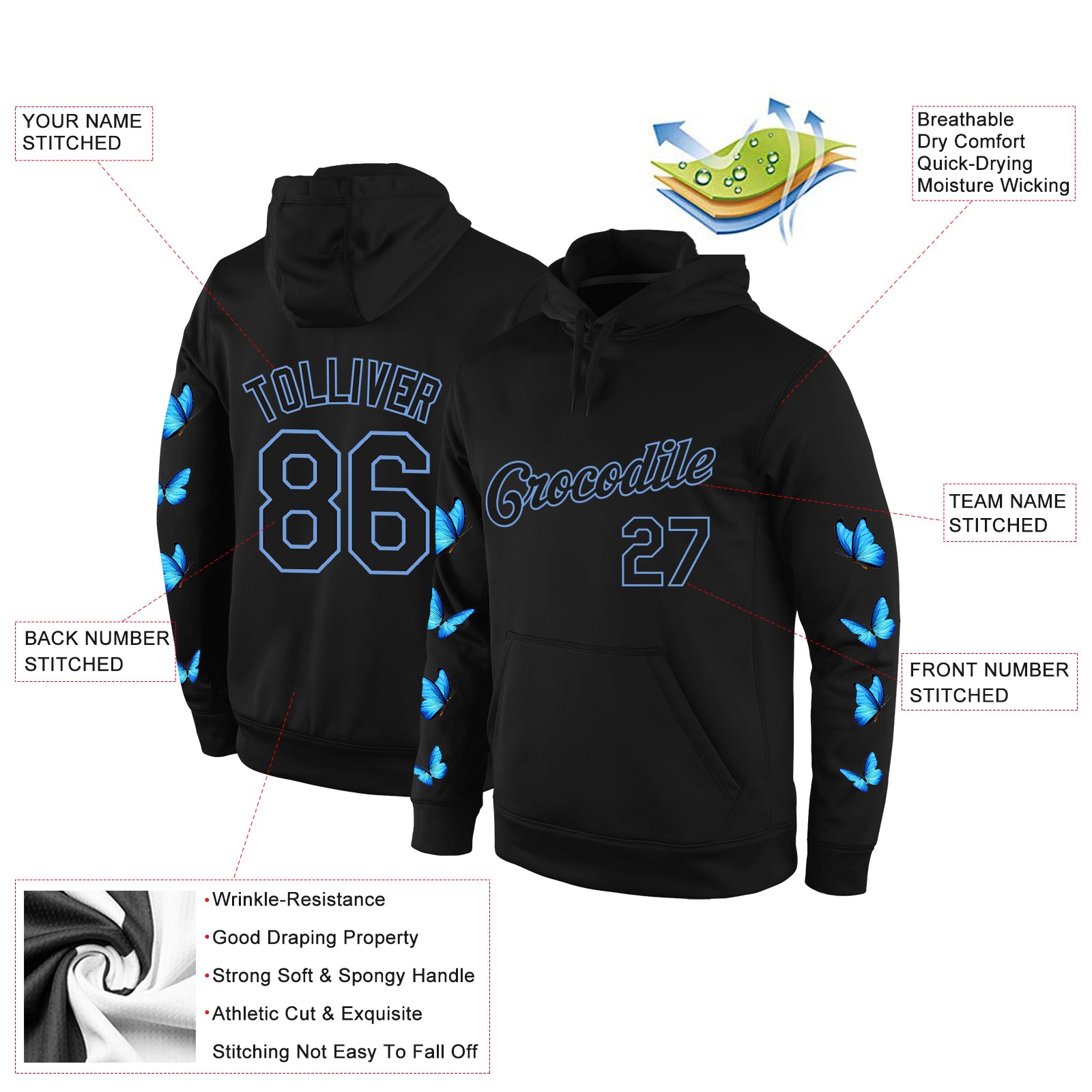 Custom Stitched Black Black-Light Blue 3D Pattern Design