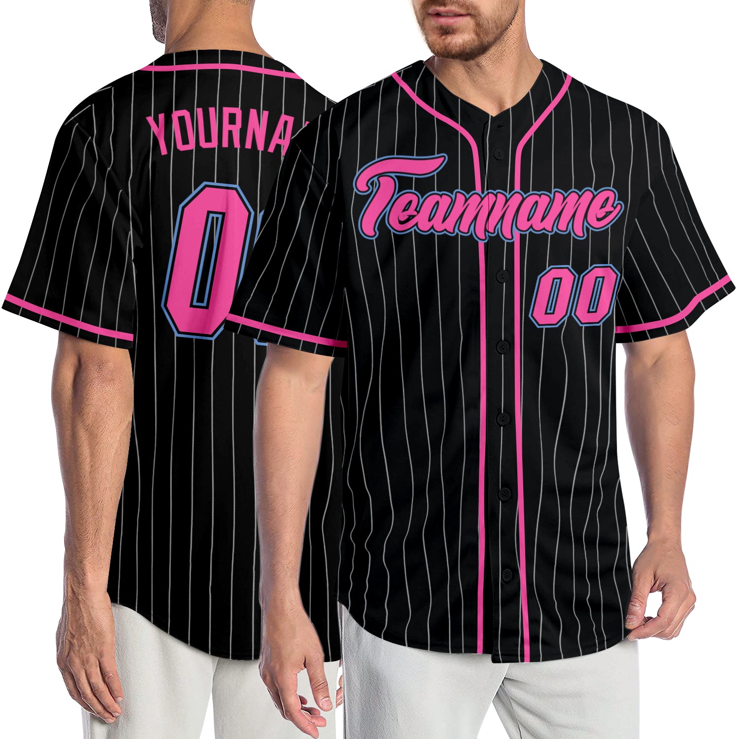 Custom Black White Pinstripe Pink-Light Blue Authentic Baseball Jersey  Discount