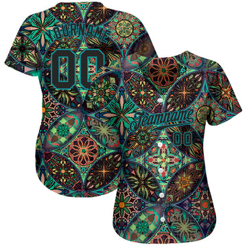Custom Black Black-Teal  3D Pattern Design Mandalas Authentic Baseball Jersey