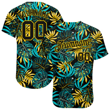 Custom Black Black-Gold 3D Pattern Design Tropical Palm Leaves Authentic Baseball Jersey