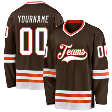 Custom Brown White-Orange Hockey Jersey