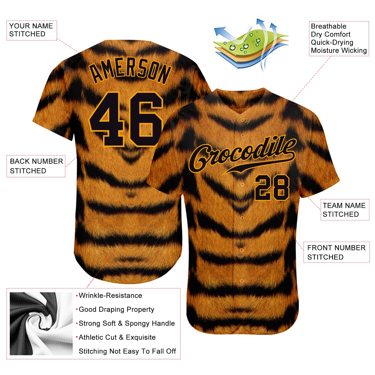 Custom Brown Black-Gold 3D Pattern Design Tiger Authentic Baseball Jersey  Discount