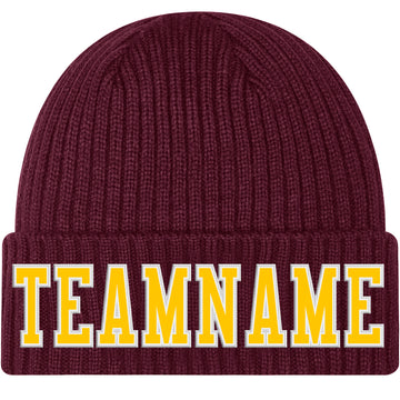 Custom Burgundy Gold-White Stitched Cuffed Knit Hat