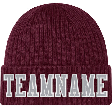 Custom Burgundy Gray-White Stitched Cuffed Knit Hat