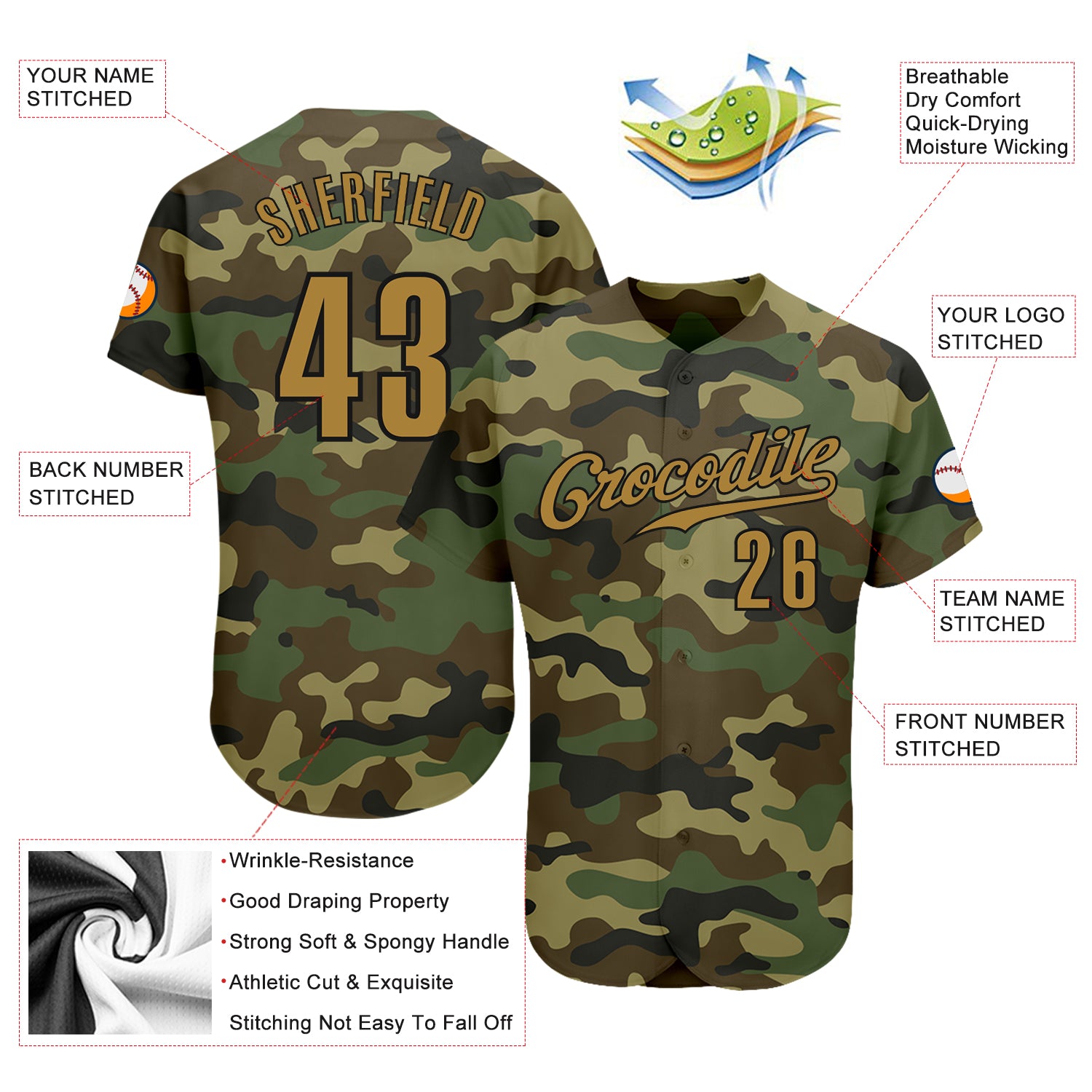 Custom Camo Old Gold-Black Authentic Baseball Jersey Discount