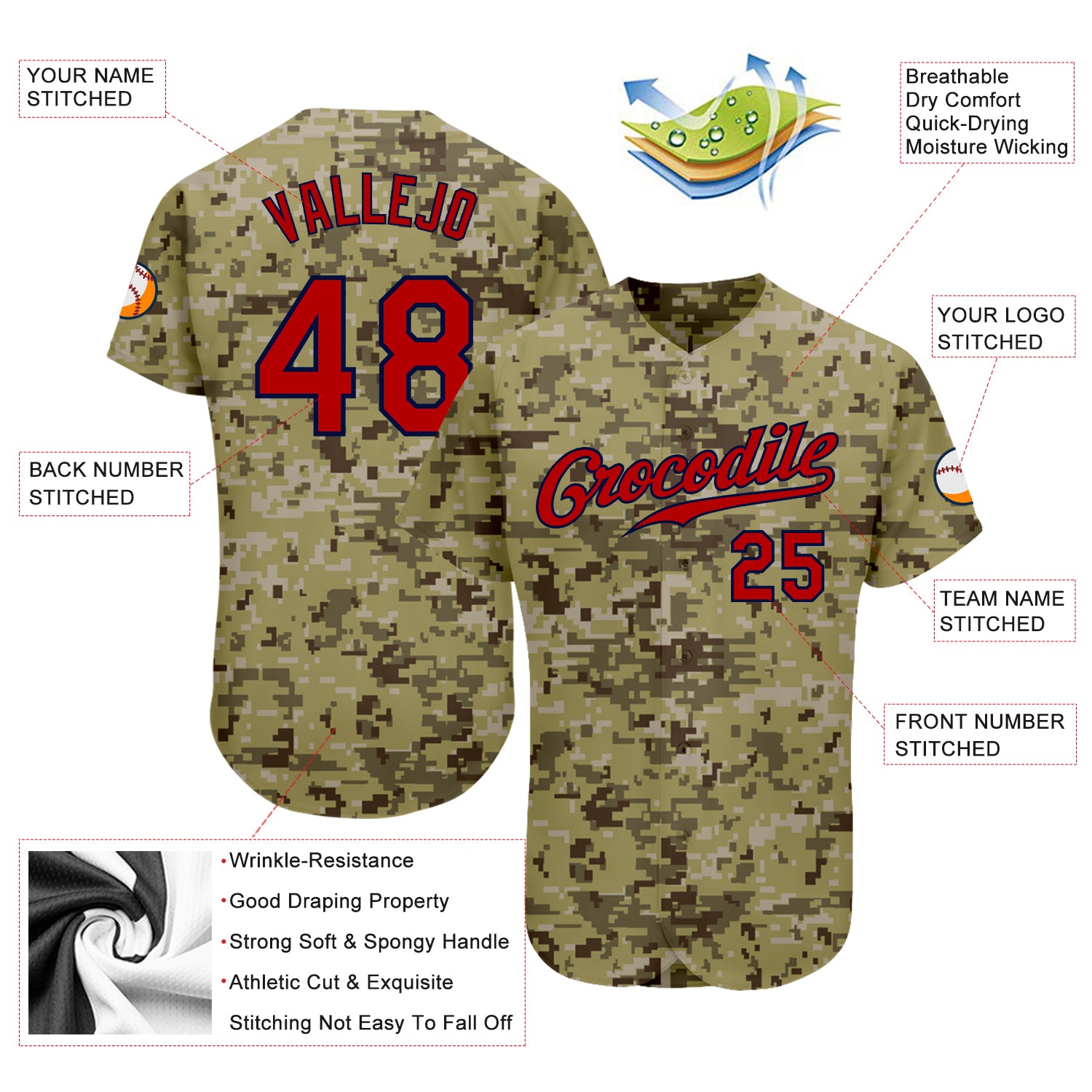 Tribute 2-Button Camo Trim Baseball Jersey Team name Tail Names and Numbers