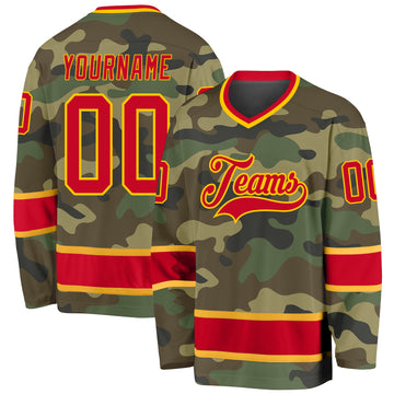 Custom Camo Red-Gold Salute To Service Hockey Jersey