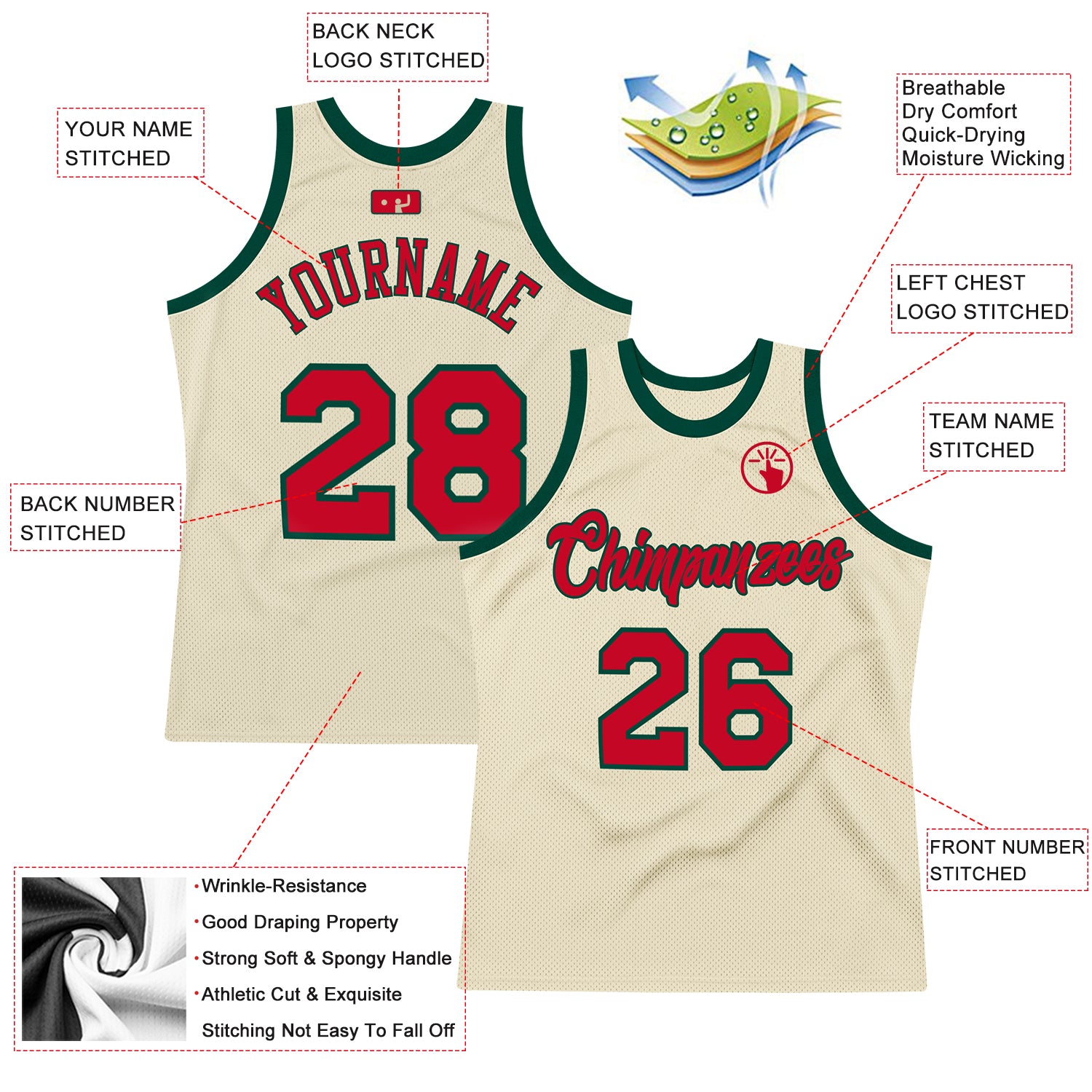 Custom Team Hunter Green Basketball Authentic Cream Throwback Jersey Red