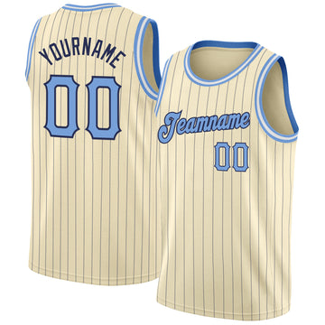 Custom Cream Navy Pinstripe Light Blue-Black Authentic Basketball Jersey